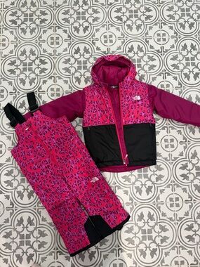 The North Face Pink Leopard Print Hooded Ski Jacket & Bibs